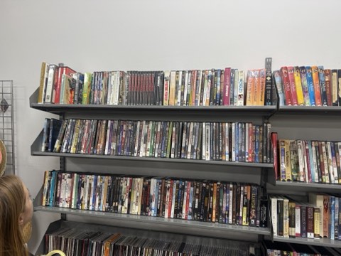 A wall of shelves holding many DVDs or CDs in rows.